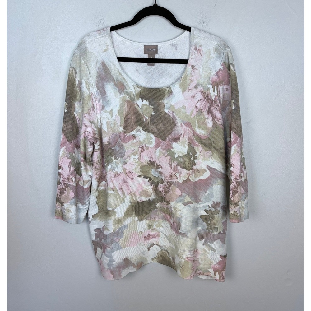 Chicos Abstract Floral Print Sweater Pink White Romantic Elegant Size 3 US XL/16